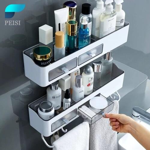 PEISI Bathroom Shelf Shower Caddy Organizer Wall Mount Shampoo Rack With Towel Bar No Drilling Kitchen Storage Home Bathroom