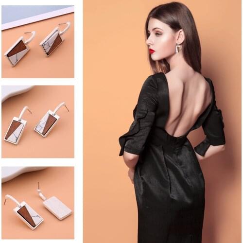Rectangular earrings female high-grade temperament natural stone wooden earrings female electroplating original design