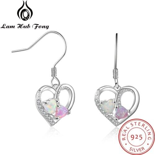 Romantic Sweet Heart Created White Pink Opal Earrings 925 Sterling Silver Dangle Drop Earrings Wedding Jewelry (Lam Hub Fong)