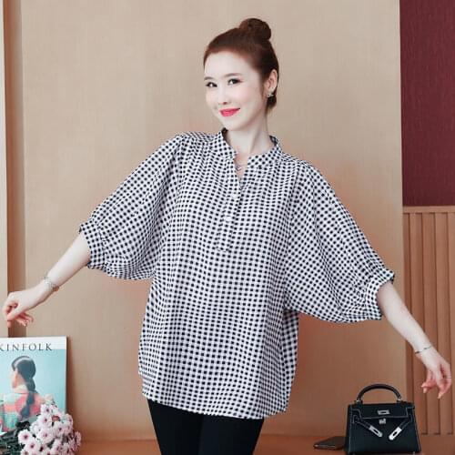 Spring Summer Style Women Fashionable Lantern Sleeve Chiffon Blouses Shirts Plaid Stripe Fashion Tops Blusas Large SizeMM0147