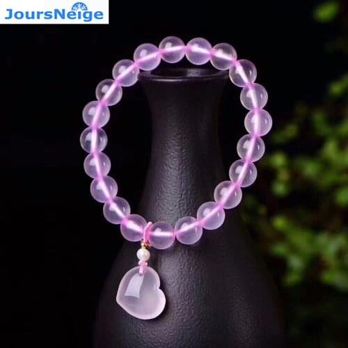 Light Pink Natural Crystal Bracelets Size 10mm Beads with Heart Shape Pendant Bracelet Lucky for Girl Single lap Jewelry