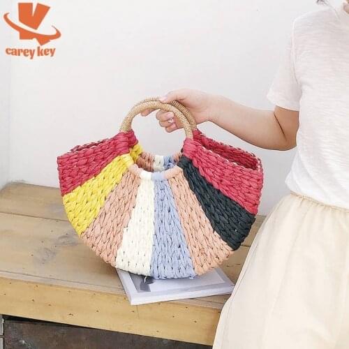 CAREY KEY Women Brand Bag Korean Colorful Handbag Foreign Semicircle Art Beach Bag Travel Pictures Props Straw Bag Moon Bag
