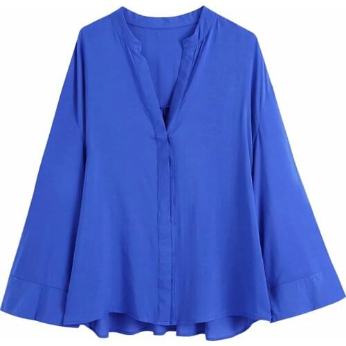 Za Women New Autumn Retro Solid Color Simple Style Loose Sleeve Lapel Big Size Shirt Casual Chic V Neck Shirt XITIMEAO