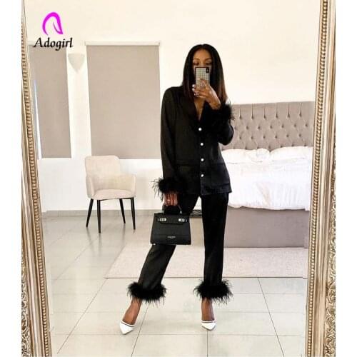 Fur Patchwork Women 2 Piece Set Solid Long Sleeve Button Up Shirts + Straight Pants Matching Set 2021 Autumn New Sexy Pajama Set