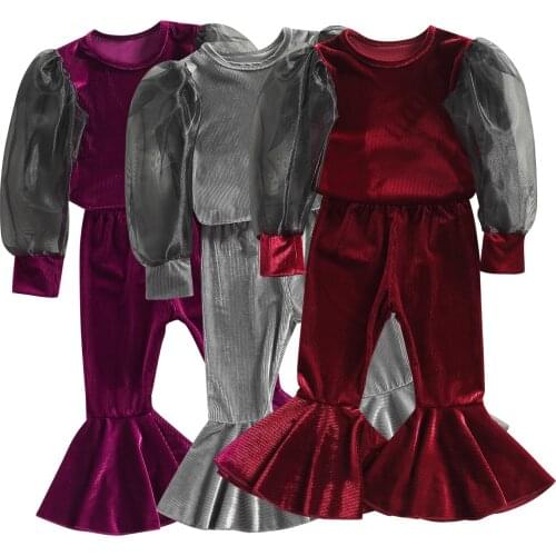 0-5Years Toddler 2Pcs Kids Girl Autumn Outfits Stitching Mesh Bubble Sleeve Tops Solid Bell-Bottoms
