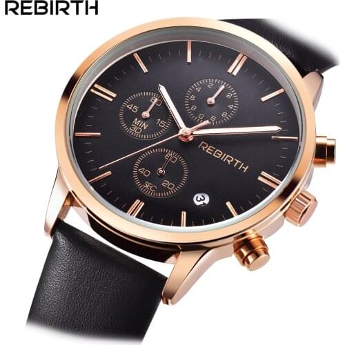 2018 REBIRTH New Fashion Women Men Wrist Watches Luxury Chronograph Leather band Quartz Watch Male Clock reloj hombre kol saati