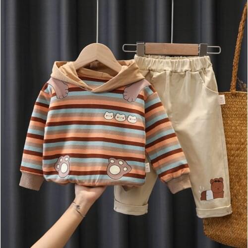 Kids Cotton Stripe Cartoon Bear T Shirt Pants 2021 Autumn Baby Girls Boys Clothing Sets Infant Clothes Outfit Child Sportswear
