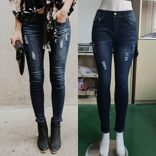 Ancient Jeans Ladies Slim Elastic Skinny Jeans Spring Moustache Effect Resurrected High Street Push Holes