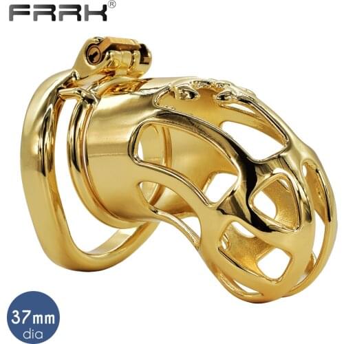 FRRK Gold Chastity Cock Cage for Subs Stainless Steel Penis Rings for Men Metal Lockable Hand Polished BDSM Sex Toys Shop