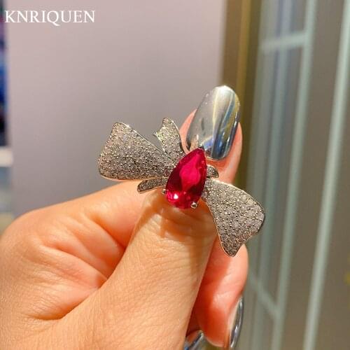 Luxury 925 Sterling Silver 8*14mm Water Drop Ruby Topaz Gemstone Rings for Women Lab Diamonds Bowknot Party Ring Birthday Gift