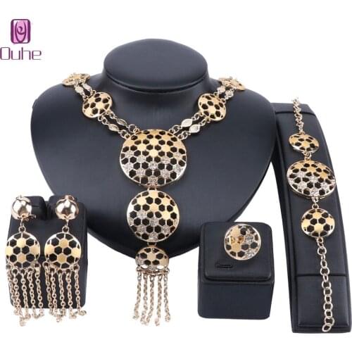 Dubai Gold Color Party Tassel Crystal Jewelry Women Wedding Necklace Bracelet Earring Ring African Beads Jewelry Set