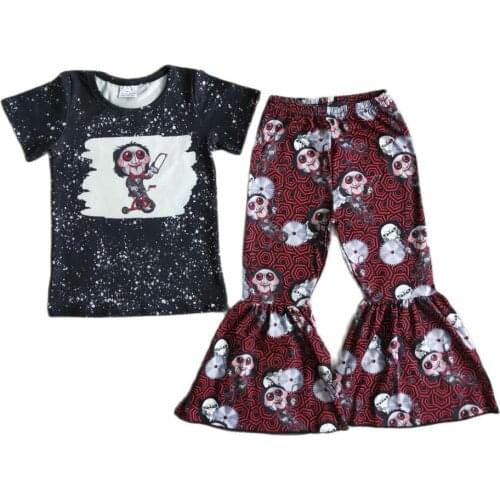 Halloween Fashion Infant Little Girl Bleach Long Sleeve Shirt Horror Bell Bottom Baby Wholesale Kids Boutique Clothing Sets