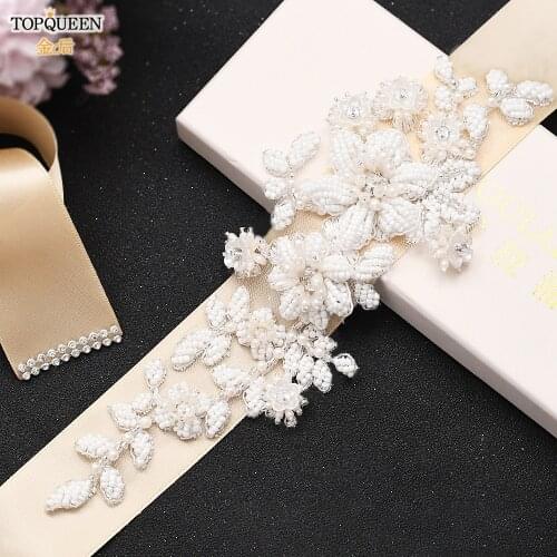 TOPQUEEN S484 Pearl Crystal Bridal Belt Strass Ribbon Bridal Belt with Pearl Best Selling Bridal Belt Female Belt Jeweled Belts
