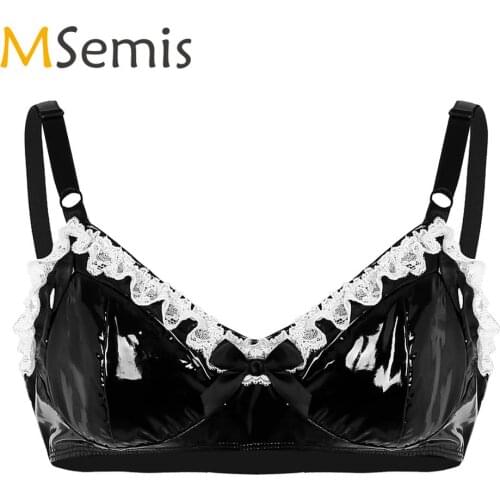 MSemis Men Sissy Bowknot Lace Bra Lingerie Spaghetti Straps Wetlook Leather Bra Top Erotic Gay Mini Bralette Vest Sexy Nightwear