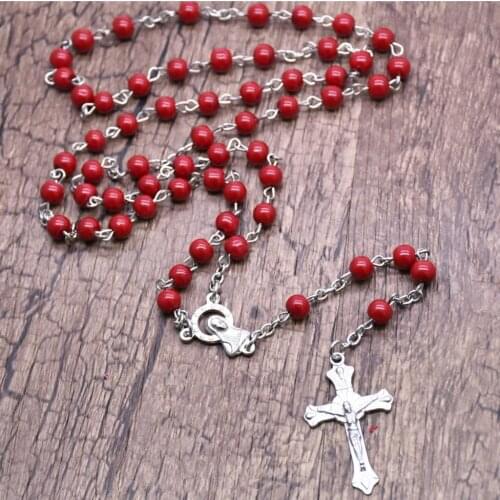 Catholic Rosary Necklace 6mm Red Beads Trinity INRI Crucifix Cross Pendant Religious Pray Jewelry Christian Believer Gifts