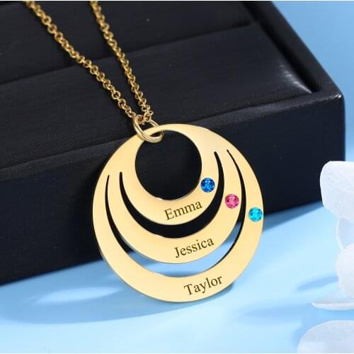 Personalized Birthstone Name Necklace Customized Engrave 1-3Names Round Necklace For Mom Stainless Steel Gold Charm Jewelry