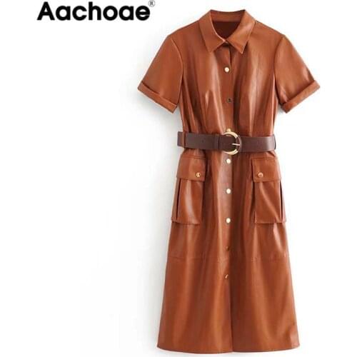 Aachoae Women Streetwear PU Leather Dress Pleated Short Sleeve Sashes Lady Knee Length Dresses Turn Down Collar Pockets Vestido