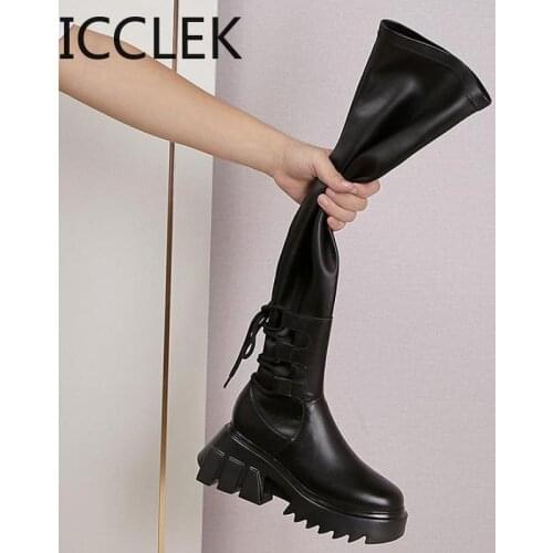 Sexy Leather Thigh High Boots Women High Heels Over The Knee Boots for Women Round Toe Party Long Shoes Cross-tied