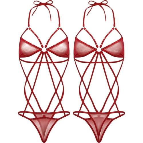 Sexy Female Womens Erotic Mesh Teddies See Through Sheer Lingerie Halter Neck Backless Strappy Thong Leotard Bodysuit Nightwear