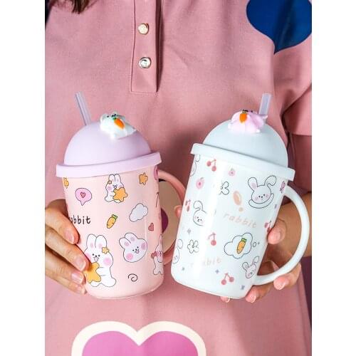 Rabbit straw water cup cute girl heart student cartoon large capacity ceramic coffee milk mug with cover straw bottle sippy cup