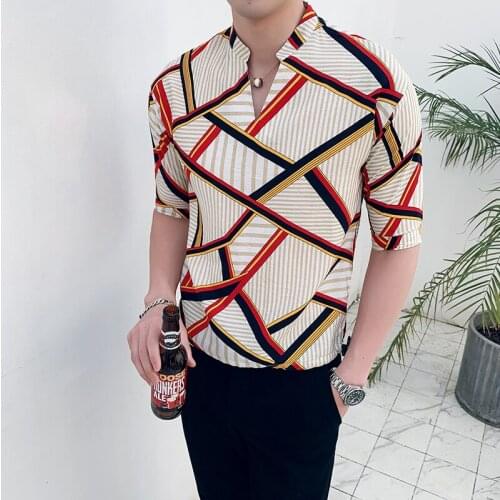 Loose Geometric Block Printed Short-sleeved Shirt for Men 2118-P55