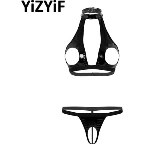 Women Sexy Open Cup Bra Erotic Cortex Lingerie Set Wet Look Faux Leather Sexy Clothing Erotic Breasts Bra Top With Underwear