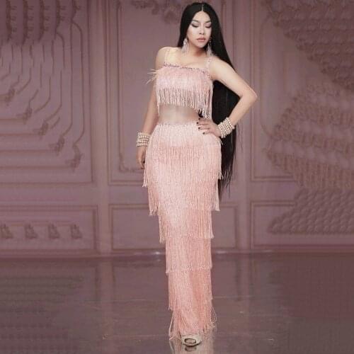 New Pink Tassel Sleeveless Long Dress Women Prom Wedding Party Birthday Dress Fringes Rhinestones Bodycon Dance Costume