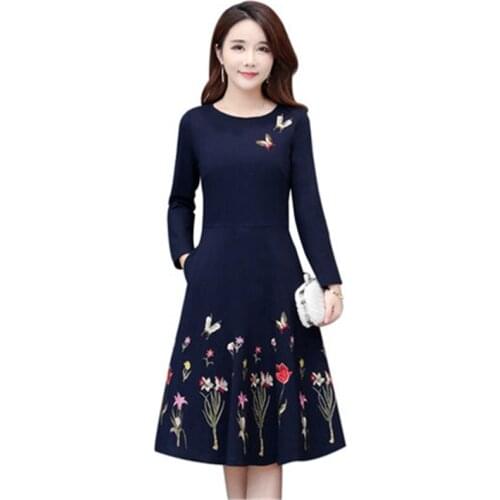 Women Elegant A-line Dress Plus Size 2019 Spring Vintage Printing Fashion Temperament O-Neck Long Sleeve Dress Party Vestidos