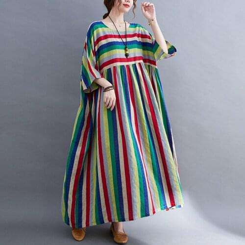 2021 New Arrival Thin Soft Cotton Loose Cozy Summer Dress Colorful striped Fashion Women Dress Holiday Travel Casual Long Dress