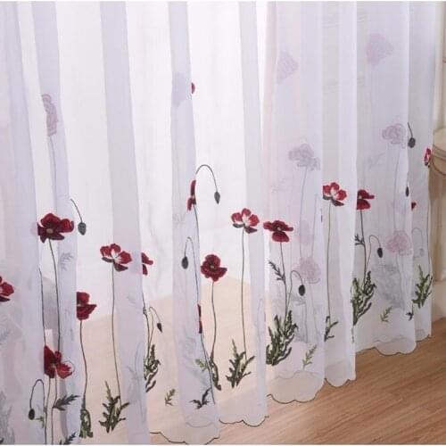 Classic White Sheer Embroidered Red Flower Curtains Tulle for Living Room Simple Pastoral Window Screen Voile Curtain bedroom
