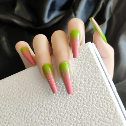 24pcs/box Green Pink Strawberry Gradient Nail Tips French Press on False Nails Extra Long Ballerina Coffin UV Gel Glue