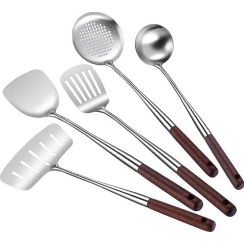 304 stainless steel spatula lengthened wooden handle stir-fry spoon kitchen supplies