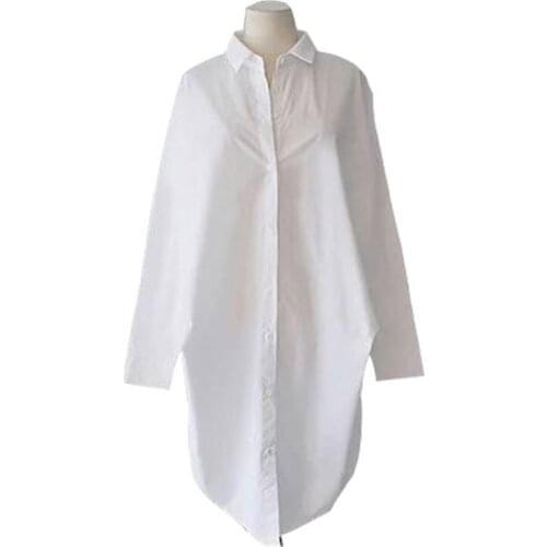 Oversized Loose White Women Shirts Summer New 2021 Long Turn-Down Collar Straight Elegant Office Lady Outwear Coats Tops