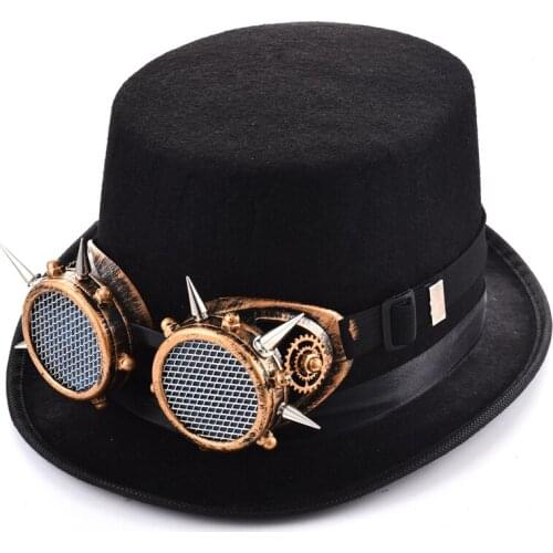 Steampunk Black Top Hat With Goggles Men Women Rivets Fedoras Gothic Gear Wheel Top Hat With Spikes Glasses for Cos Party