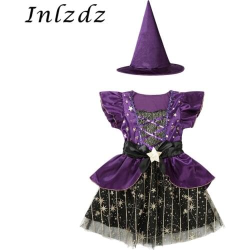 Kids Girls Halloween Witch Carnival Cosplay Costume Outfit Shiny Sequined Gilttering Stars Mesh Tutu Skirt with Pointed Hat Set