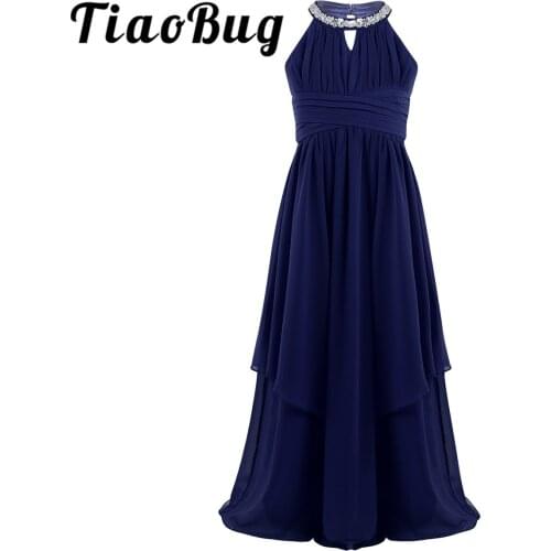 Kids Chiffon Maxi Dresses Prom Gowns For Big Girls Long Dress First Communion Sequined Halter Princess Flower Girls Dress