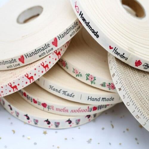 5meter High Quality Multi Size "Hand Made" Design Printed Cotton Ribbon Fabric DIY Handcraft Sewing Gifts Trim Labels Accessorie