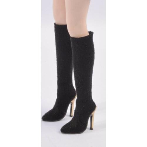Custom 1/6th Black High-heeled Long Boots Model for 12" Body