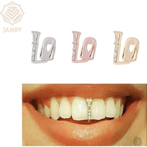 JANRY Vertical Single Gold Teeth With 4 Diamond Braces CZ Stones Tooth Grill For Men Women Gift Gifts Hot Sell