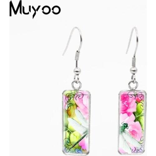 Beauty Colorful Dragonfly with Rose Flowers Rectangle Fish Hook Earrings Handcraft Jewelry Dangles