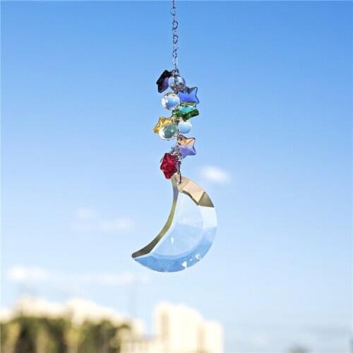 H&D Crystal Half Moon Prism Suncatcher Hanging Rainbow Maker with Chakra Star Beads Window Home Decor Rearview Mirror Car Charms