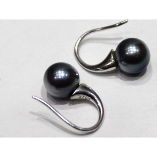YINANYIMEI Round beautiful Black freshwater pearl earrings with silver ear hooks 8-8.5mm