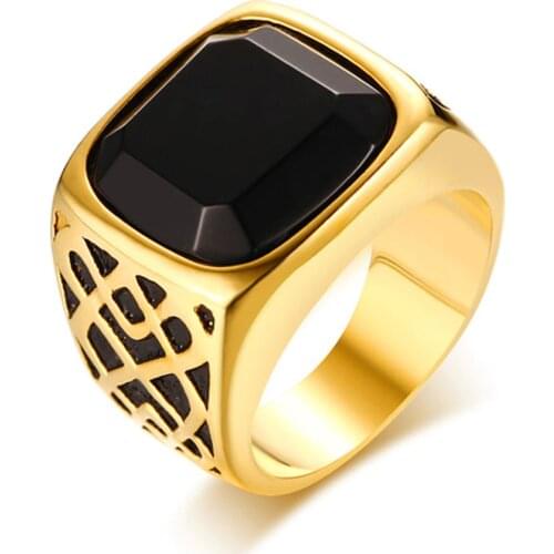 Big square Black Agate gemstonse rings for men gold color titanium stainless steel luxury masculine fashion solid jewelry bague