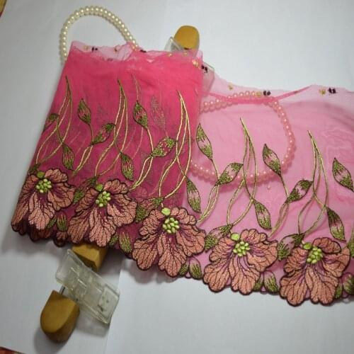 Lace Trim 19CM (2Yds/Lot)Pink Shiny Silk Embroide Hight quality Lace Fabrics Embroidered Lace Trim0508009