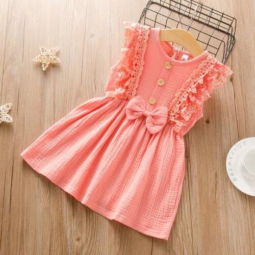Summer Toddler Infant Kids Baby Girls Lace Sleeveless Button Ruffles Cute Bowknot Solid Colors Princess Party Dress Costume#p4