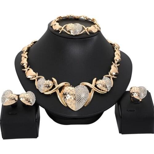 Hotsale African Dubai Gold Jewelry Nigerian Crystal Necklace Hoop Earrings Women Italian Bridal Jewelry Sets Wedding Accessories