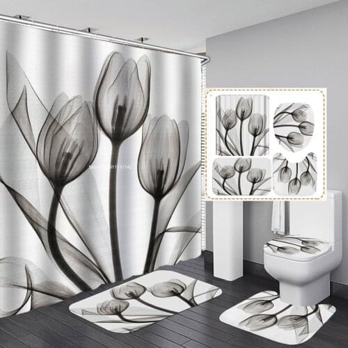 Fashion Tulip Print Polyester Waterproof Shower Curtain Flanged Flannelette Toilet Mat Bath Mat Bathroom 4-piece Set