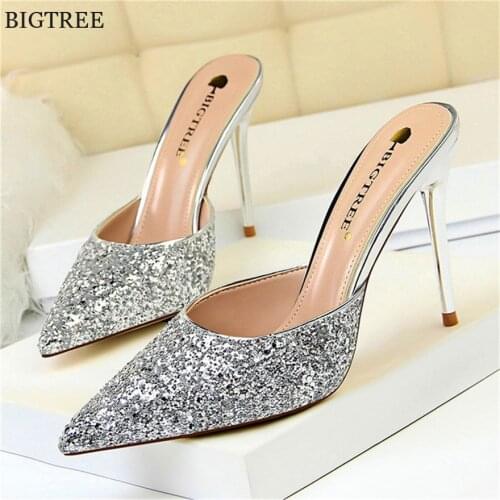 Sequined Cloth Star Style Fashion Slippers 2021 New Womens High Heels Slippers Pointed Toe Shallow Sexy Outdoor Slippers Women