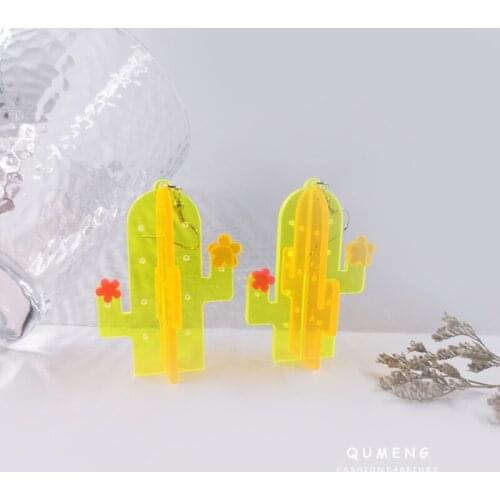 QUMENG 2021 Trend 3D Cactus Plant Long Exaggerated Acrylic Pendant Earrings Womens 3D Temperament Fluorescence Color Jewelry