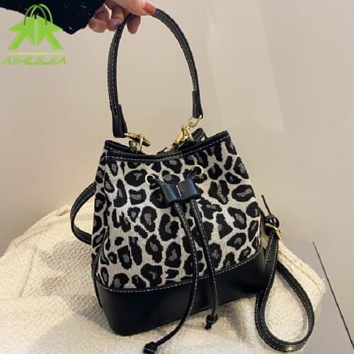 Luxury PU Patchwork Handbags For Women Fashion Leopard Shoulder Crossbody Bag Designer Drawstring Female Bucket Messenger Bag